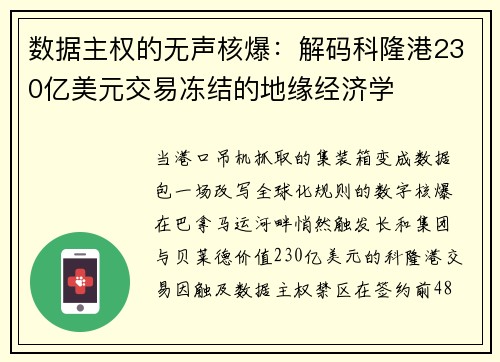 数据主权的无声核爆：解码科隆港230亿美元交易冻结的地缘经济学