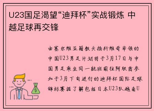 U23国足渴望“迪拜杯”实战锻炼 中越足球再交锋